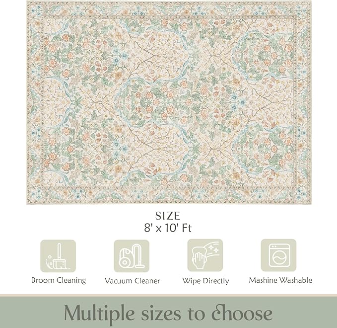 MUJOO 8x10 Area Rugs,Floral Washable Rugs for Living Room Dining Room Bedroom,Large Throw Carpet,Boho Non Slip Indoor Floor Big Soft Neutral Vintage Ultra-Thin Light Green and Beige