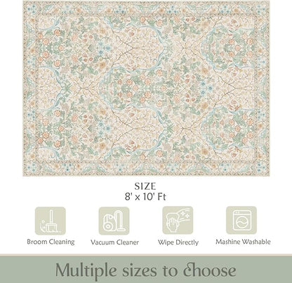 MUJOO 8x10 Area Rugs,Floral Washable Rugs for Living Room Dining Room Bedroom,Large Throw Carpet,Boho Non Slip Indoor Floor Big Soft Neutral Vintage Ultra-Thin Light Green and Beige