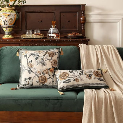 ISAENNE Design Linen Chinoiserie Square Throw Pillow Covers 18"x18" Pack of 2, Farmhouse Cushion Covers with Yellow Floral Birds Pattern Decoration Pillowcases for Bed,Living Room,Outdoor,Car