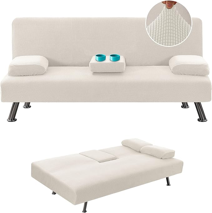 H.VERSAILTEX 4 Pieces Stretch Futon Covers Sofa Bed Slipcover with Removable Armrests and Cupholders Covers Furniture Protector High Spandex Small Checks Jacquard Fabric, Ivory