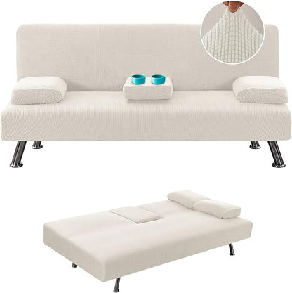 H.VERSAILTEX 4 Pieces Stretch Futon Covers Sofa Bed Slipcover with Removable Armrests and Cupholders Covers Furniture Protector High Spandex Small Checks Jacquard Fabric, Ivory