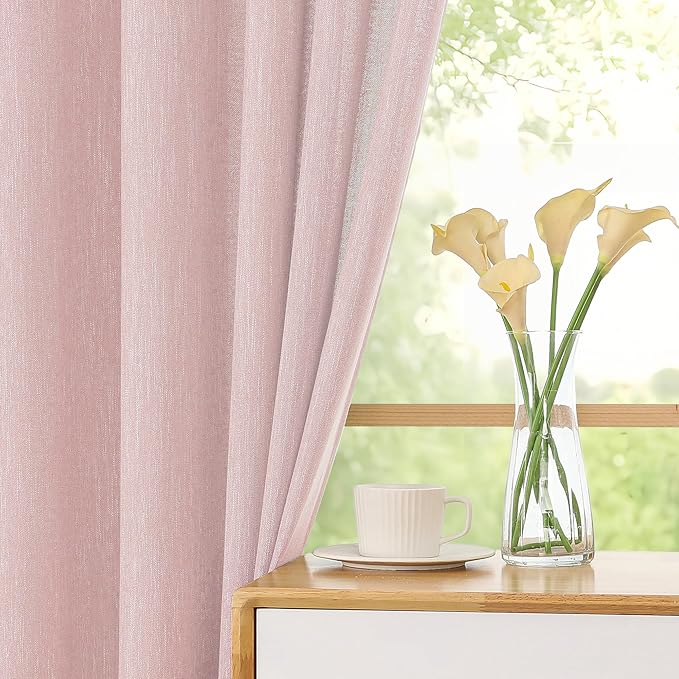 Simplebrand Blush Faux Linen Textured Curtains 63 Inch Length 2 Panels for Bedroom, Semi Sheer Light Filtering Privacy Farmhouse Curtains, Soft Thick Rod Pocket Window Drapes, 40W x 63L Inch