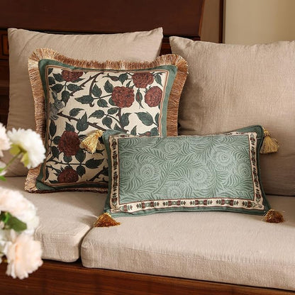 patdrea Designer Throw Pillow Covers Set of 2,French Elegant Green Linen with Curly Grass and Floral Pattern Pillow Covers,Decorative Lumbar Pillowcases Cushion for Bed Living Room Outdoor,12"x20"
