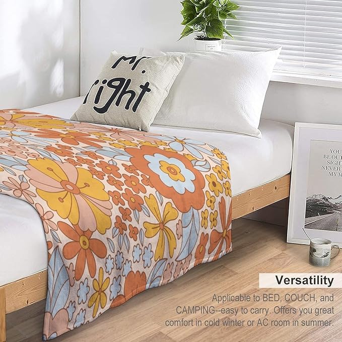 Retro 70s Floral Blanket, Hippie Summer Groovy Flower Power Flower Boho Print Throw Blanket for Couch Sofa Couch Chair 40"x50"