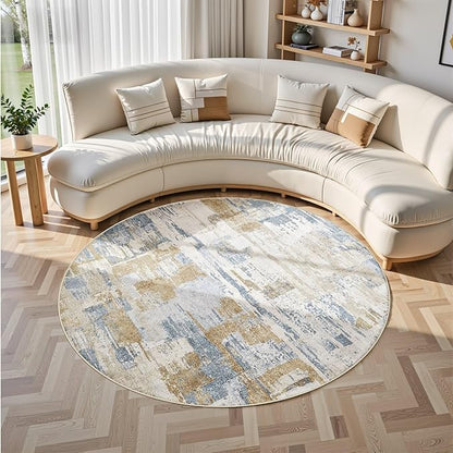 Abstract Living Room Rug 6x6 - Modern Washable Soft Thin Area Rug for Living Room Bedroom Under Dining Table - Neutral Indoor Floor Rug Carpets for Home Office Playroom Nursery - Blue Gold