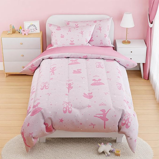 SANDJEST Ballerina Comforter Set Full Size 98x86in for Kids Girls, Microfiber 4 Pcs Bedding Set Includes 1 Comforter, 2 Pillowcases, 1 Fitted Sheet, Nursery Room Decor