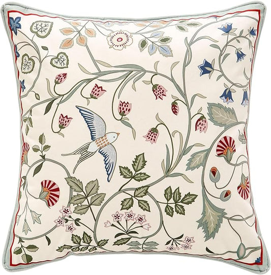 Square Throw Pillow Covers, Green Cozy Velvet Farmhouse with Birds and Flowers Pattern Pillowcases,Decoration Pillows Cushion Covers for Couch Sofa Bed Car Chair,18"x18"