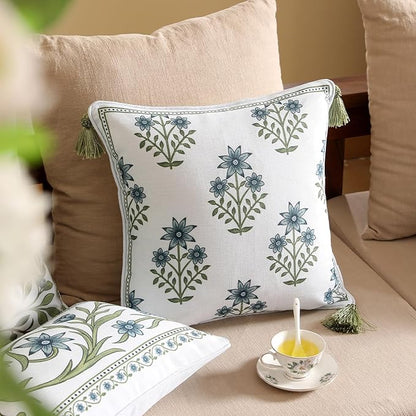 ISAENNE Design Fresh Linen Square Throw Pillow Covers 18"x18", French White Cottage Cushion Covers with Blue Floral Branches Pattern Decor Pillowcases for Bed,Living Room,Outdoor,Car