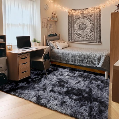 ONASAR Area Rugs for Bedroom Living Room, Washable Fluffy Tie-Dyed Dark Grey 4x6 Indoor Bedside Floor Throw Rug, Soft Plush Shaggy Carpet for Nursery Kids Girls Boys Teen Dorm Home Office Decor