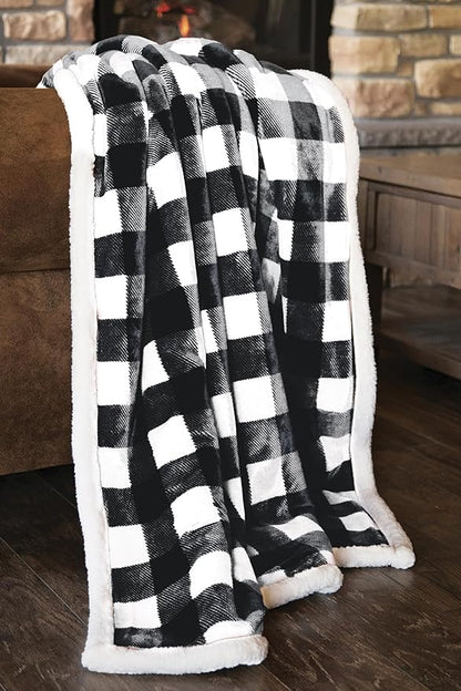 CARSTENS, INC. Ultra Premium Super Soft Plush Sherpa Fleece Oversized Throw Blanket 54" x 68", Black & White Buffalo Plaid