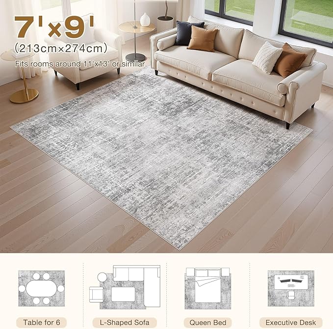 Abstract Living Room Rug 7x9 - Modern Washable Soft Thin Area Rug for Living Room Bedroom Under Dining Table - Neutral Indoor Floor Rug Carpets for Home Office Playroom Nursery - Grey White
