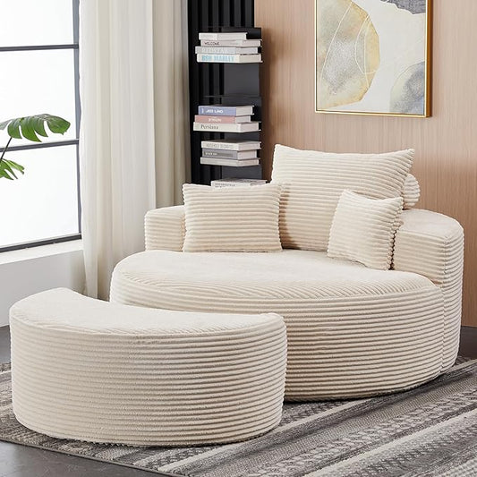 55.11" W Oversized Round Chaise Lounge Chair, Deep Seat Corduroy Cloud with Pillows, Moveable Ottoman and Blanket– Comfy Circle Loveseat Sofa Chair for Living Room or Bedroom (Beige)