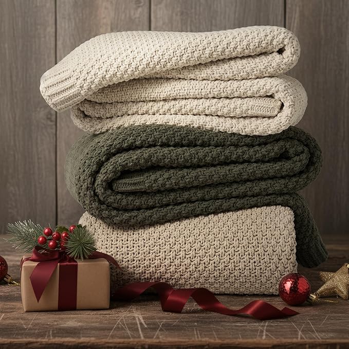 EVERGRACEHOME Chunky Chenille Knit Throw Blanket for Couch, Soft Luxurious Moss Stitch Blankets for Bed, Cozy Decorative Farmhouse Knitted Throws for Sofa, Sand Dune, 60" x 80"