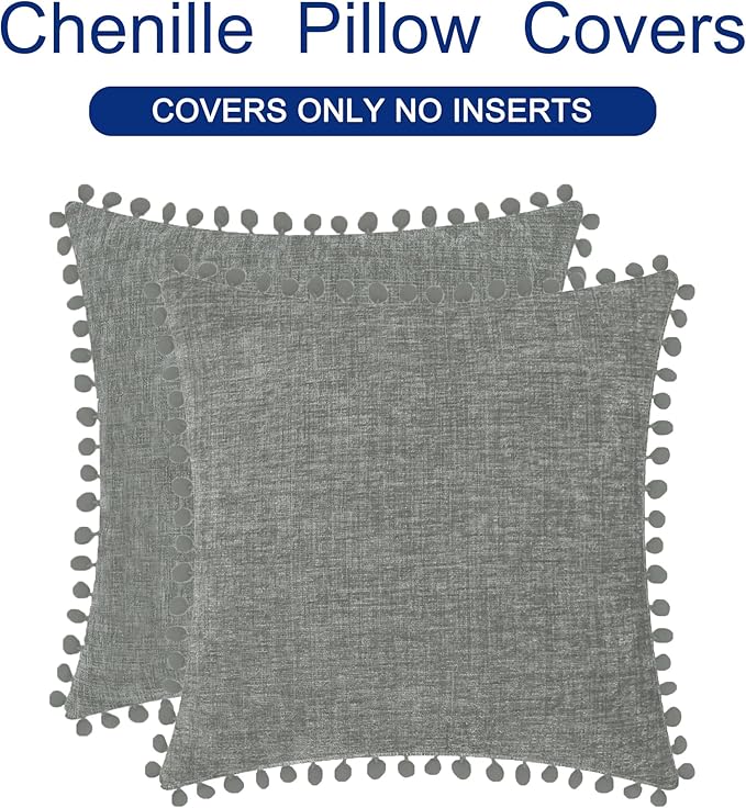 CaliTime Throw Pillow Covers Decorative 22 X 22 Inches Pack of 2 Cozy Solid Dyed Soft Chenille Cushion Cases with Pom Poms for Couch Sofa Bed Living Room Home Medium Grey