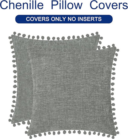 CaliTime Throw Pillow Covers Decorative 22 X 22 Inches Pack of 2 Cozy Solid Dyed Soft Chenille Cushion Cases with Pom Poms for Couch Sofa Bed Living Room Home Medium Grey