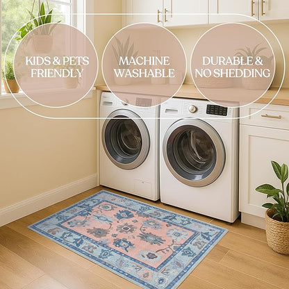 Fame Living Modern Oushak Rug, Vintage, Turkish, Eclectic, Floral, Pastel, Washable, Area Rugs for Living Room, Dining, Bedroom, Nursery, Girls, Boys, 5'9"x8'9"