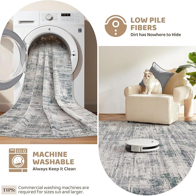 Area Rug for Living Room: 7x9 Washable Neutral Abstract Modern Soft Rugs Non Slip Indoor Floor Stain Resistant Large Carpet for Bedroom Dining Room Office Nursery - Gray