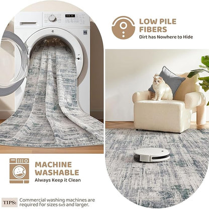 Area Rug for Living Room: 7x9 Washable Neutral Abstract Modern Soft Rugs Non Slip Indoor Floor Stain Resistant Large Carpet for Bedroom Dining Room Office Nursery - Gray