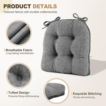 downluxe Indoor Chair Cushions for Dining Chairs, Tufted Overstuffed Textured Foam Kitchen Chair Pads with Ties and Non-Slip Backing, 15.5" x 15.5" x 4", Dark Grey, 4 Pack