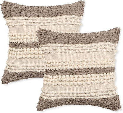 REDEARTH · Boho Textured Throw Pillow Cases - Woven Tufted Decorative Farmhouse Cushion Covers Set for Couch - Sofa - Bed - Chair - Dining - Patio - Outdoor - 100% Cotton (18x18; Natural) Pack of 2