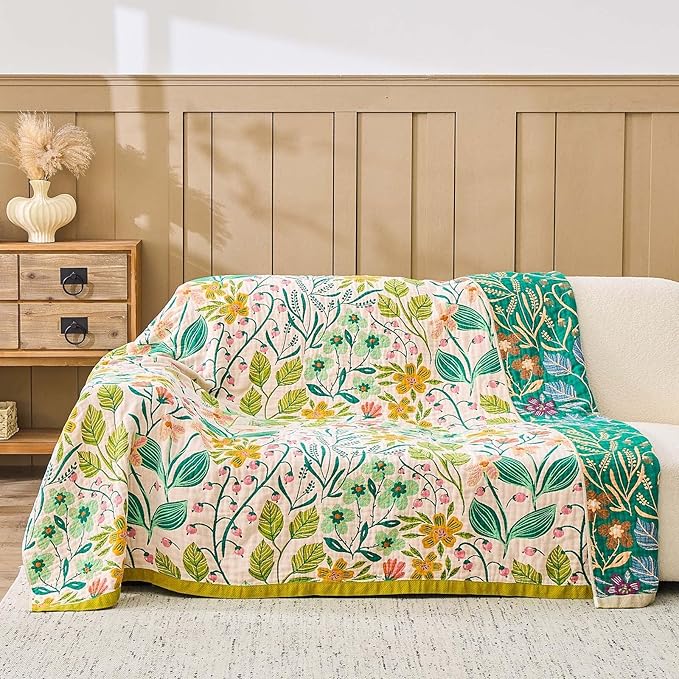 Beige Boho Throw Blanket, 100% Cotton Blankets for Couch Bed, 80"x90"Cotton Quilt Travel Muslin Blankets Farmhouse Home Decor Soft Lightweight Picnic Blanket for Summer