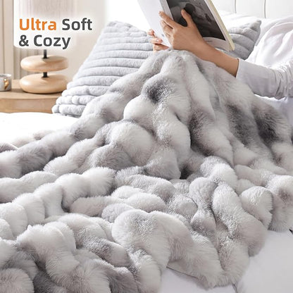 Smoofy Faux Fur Throw Blanket for Couch Rabbit Fleece - Tie-dye Grey Fluffy Blanket for Sofa Bedroom Living Room, Cozy Soft Plush Luxury Thick Winter Fuzzy Comfy Bubble Blanket - 50" x 60"