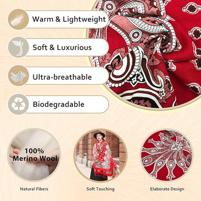 DANA XU 100% Merino Wool Extra Large Pashmina Blanket Travel Scarf Cashmere Wrap for Women Fall Winter Oversize Shawl Floral