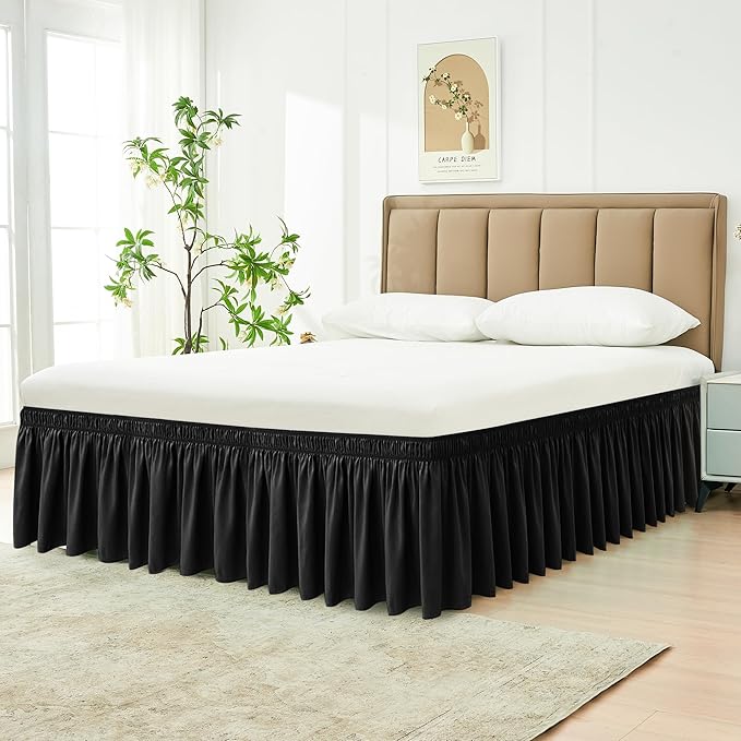 Biscaynebay Wrap Around Bed Skirts for Queen Beds 16" Drop, Black Adjustable Elastic Dust Ruffles Easy Fit Wrinkle & Fade Resistant Silky Luxurious Fabric Solid Machine Washable