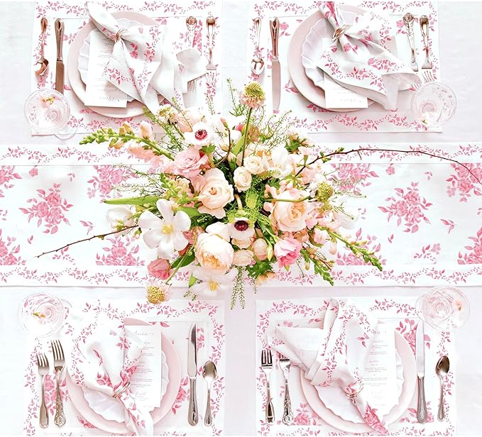 Solino Home Pink Floral Print Table Runner 60 inch - 100% Pure Linen Table Runner 14 x 60 Inch - Handcrafted and Machine Washable - Jolie Fleur Print