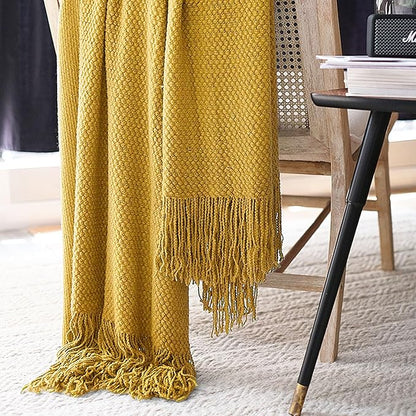 LOMAO Knitted Throw Blanket with Tassels Bubble Textured Lightweight Throws for Couch Cover Home Decor (Mustard Yellow, 50x60)