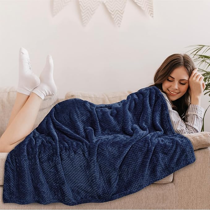 PAVILIA Navy Blue Throw Blanket for Couch, Twin Bed, Soft Fleece Throws for Sofa Chair, Fuzzy Waffle Textured Blanket, Cozy Warm Lightweight All Season Blanket Throw, 60x80