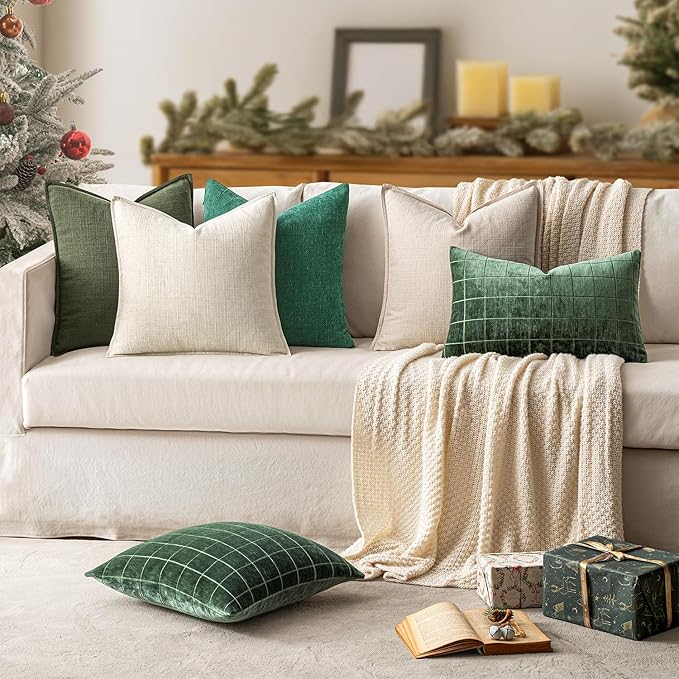 MIULEE Christmas Decorative Euro Sham Pillow Covers 24x24, 2 Pack Large Boho Farmhouse Neutral Throw Pillows for Bed, Thick Textured Modern Linen Cushion Cases Couch Living Room Home Decor, Dark Green