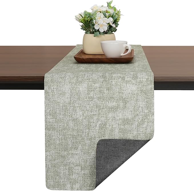 Table Runners 55 Inches Long, Dual-Sided Faux Leather Farmhouse Table Runner Waterproof Non-Slip for Living Room Party Home Decor Holiday Decorations(Gray Grass Green, 12 x 55 Inch)