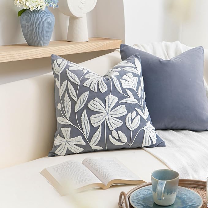 BlissBlush Blue Velvet Decorative Throw Pillow Cover 20X20, Flower Tufted Soft Farmhouse Textured Pillowcase, Accent Pillowcase for Couch Sofa Bed Living Room