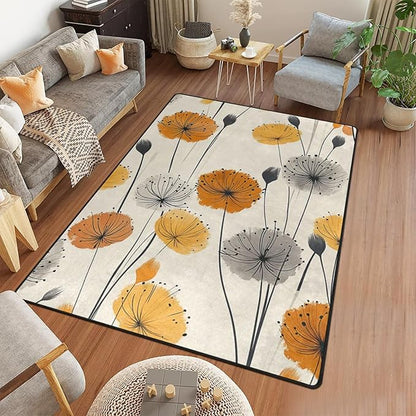9CH Dandelion Flower Area Rug 7' X 5' Cream Yellow Bohemian Dandelion Carpet Soft Non-Slip Floor Mats for Bedroom Dining Room Nursery