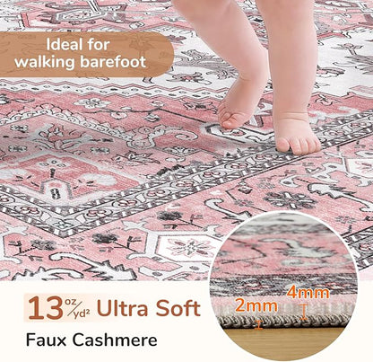 OPPODREAM Thin 10x14 Area Rugs, Washable Rugs 10x14 with Non Slip Backing, Low-Pile Faux Cashmere 10 x 14 Carpet, Pink & Cream