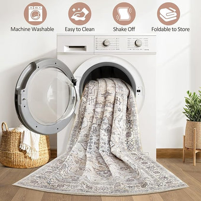 10x14 Area Rugs Living Room: Washable Boho Large Neutral Vintage Soft Rug Stain Resistant Farmhouse Non Slip Indoor Floor Carpet for Bedroom Nursery Kids Playroom Office Dining Room- Ivory Gray