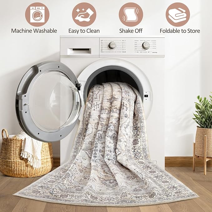 6x8 Area Rug Living Room: Washable Boho Large Neutral Vintage Soft Rugs Stain Resistant Farmhouse Non Slip Indoor Floor Carpet for Bedroom Nursery Kids Playroom Office Dining Room Home- Ivory Gray