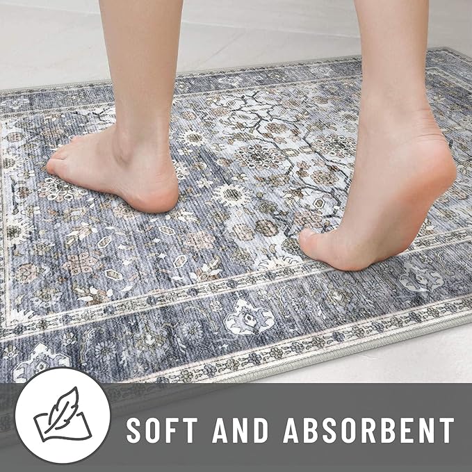 KUTA Vintage Floral Washable Hallway Runner, 2x8 Runners for Hallways Non-Slip Kitchen Rugs Grey Blue Ultra Thin Soft Printed Distressed Oriental Floor Carpet for Laundry Bedroom Living Room Nursery