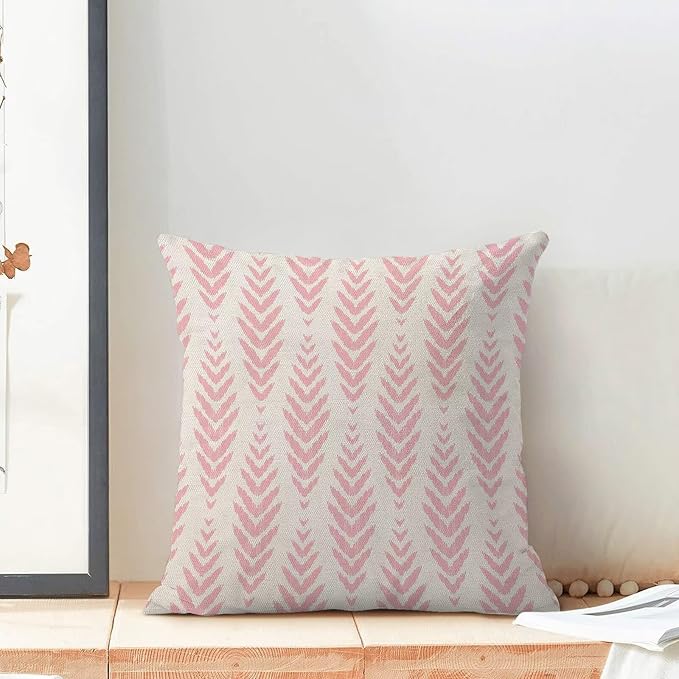 BETGINY Boho Pillow Covers 18 x 18 Inch Pack of 2, Pink Bohemian Ethnic Herringbone Pattern Decorative Throw Pillow Covers Vintage Linen Farmhouse Outdoor Pillowcase for Bedroom Home Sofa Decor