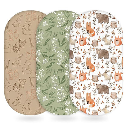 Baby Bassinet Sheets Girl Boy, Fitted Bassinet Sheet Set 3 Pack Bassinet Mattress Sheets Universal Fit for Rectangle, Round, Oval, Hourglass Mattress, Soft Breathable Green & Brown Fox
