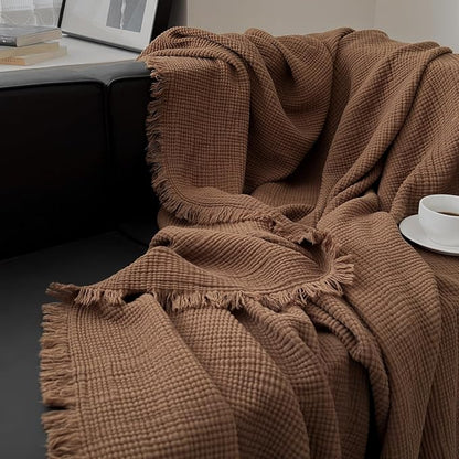 MorroMorn 100% Cotton Muslin Throw Blanket with Fringes 50"x60", 4-Layer Cotton Gauze Blankets for Adults, Boho Bedding Breathable Lightweight Ultra-Soft for Couch Bed Sofa All Seasons, Brown