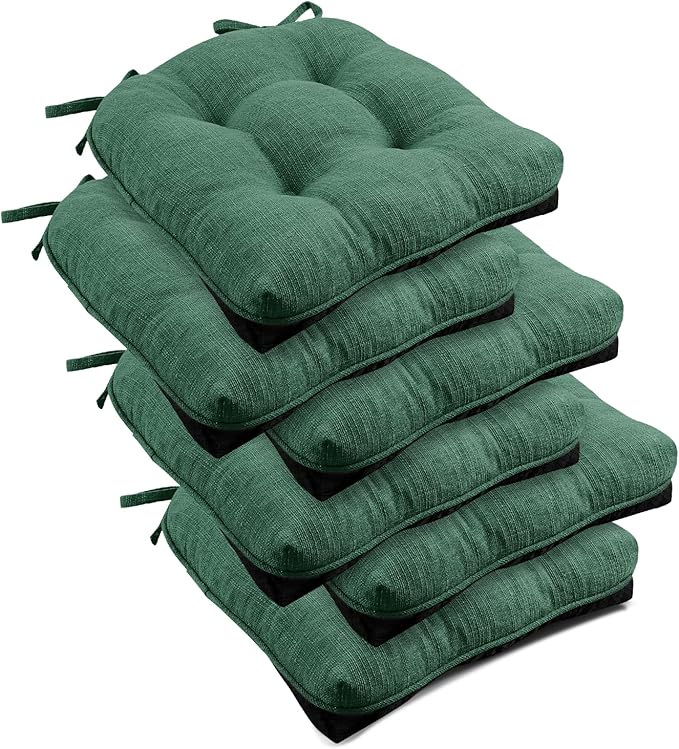downluxe Indoor Chair Cushions for Dining Chairs, Tufted Overstuffed Textured Foam Kitchen Chair Pads with Ties and Non-Slip Backing, 15.5" x 15.5" x 4", Dark Green, 6 Pack