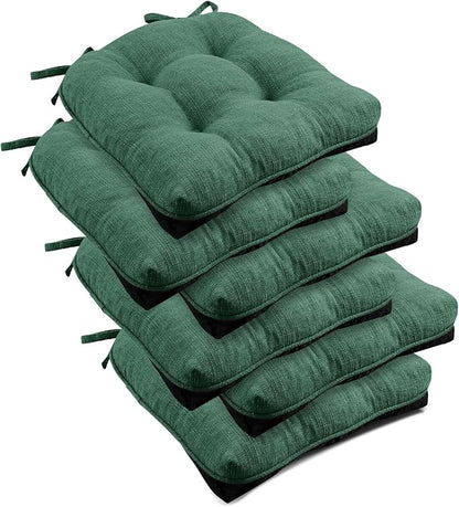 downluxe Indoor Chair Cushions for Dining Chairs, Tufted Overstuffed Textured Foam Kitchen Chair Pads with Ties and Non-Slip Backing, 15.5" x 15.5" x 4", Dark Green, 6 Pack