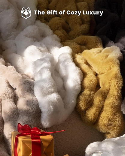 Ultra Soft Cozy Faux Fur Throw Blanket, Fuzzy Plush Thick Bubble Blanket, Oversize Luxury Fluffy Blanket for Couch, Bed, and Living Room, 60x80 Inches, Off White