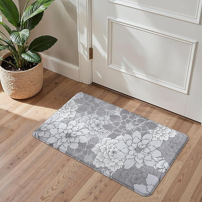 GENIMO Kitchen Mats for Floor, Kitchen Rugs Non Slip Washable Sets of 2, Waterproof Cushioned Anti Fatigue Mat, Floral Runner Rug for Laundry, Sink, Office, Home, 17.3"x47"+17.3"x30", Lavender Grey