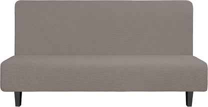 Easy-Going Stretch Futon Slipcover Armless Futon Bed Cover Furniture Protector Without Armrests with Elastic Bottom for Kids, Soft Jacquard Fabric Small Checks (Large, Taupe)
