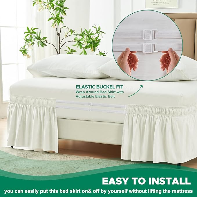 Biscaynebay Wrap Around Bed Skirts for Twin & Twin XL Beds 18" Long Drop, Ivory Adjustable Elastic Dust Ruffles Easy Fit Wrinkle Resistant Silky Luxurious Fabric Machine Washable