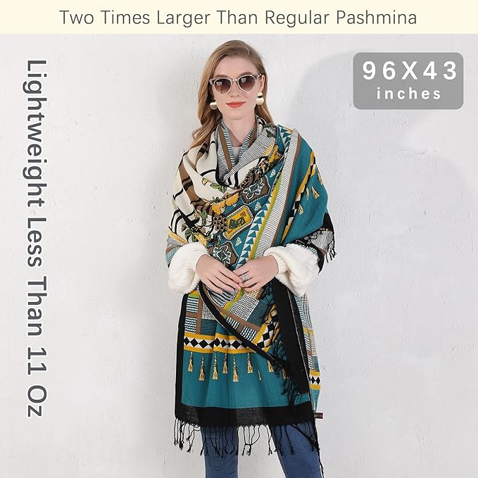 DANA XU 100% Merino Wool Pashmina Shawl for Women 96"x43", Oversized Cashmere Wrap with Tassels, Floral Travel Blanket Cape