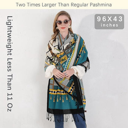 DANA XU 100% Merino Wool Pashmina Shawl for Women 96"x43", Oversized Cashmere Wrap with Tassels, Floral Travel Blanket Cape